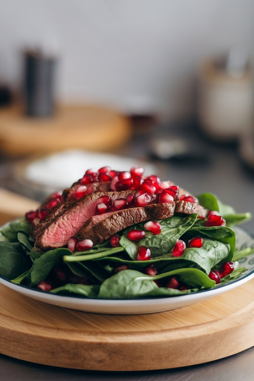 An indoor plate of spinach and steak salad topped with pomegranate seeds; no logos. Photo.