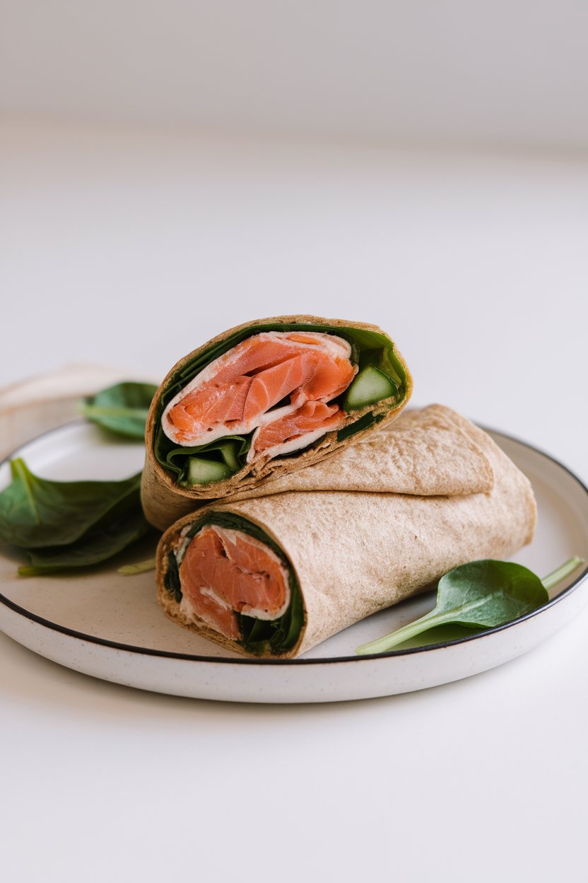 Indoor breakfast bar with a whole-wheat wrap cut in half to reveal smoked salmon, spinach leaves, and cucumber ribbons, set on a simple white plate. No text or logos, photo not illustration.