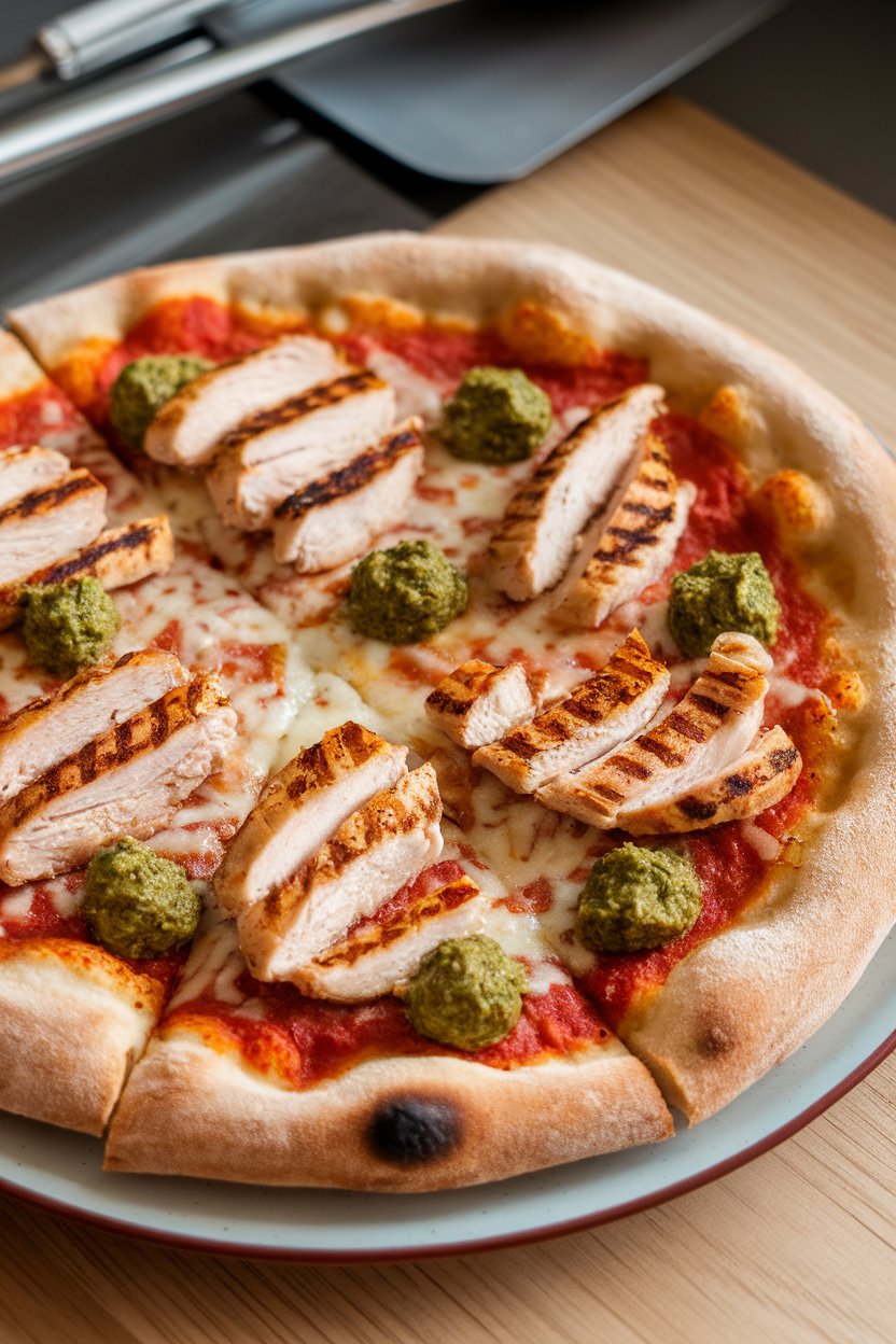 Indoor photo of kamut flour crust pizza topped with grilled chicken strips and dollops of basil pesto on a dinner plate, no text or logos