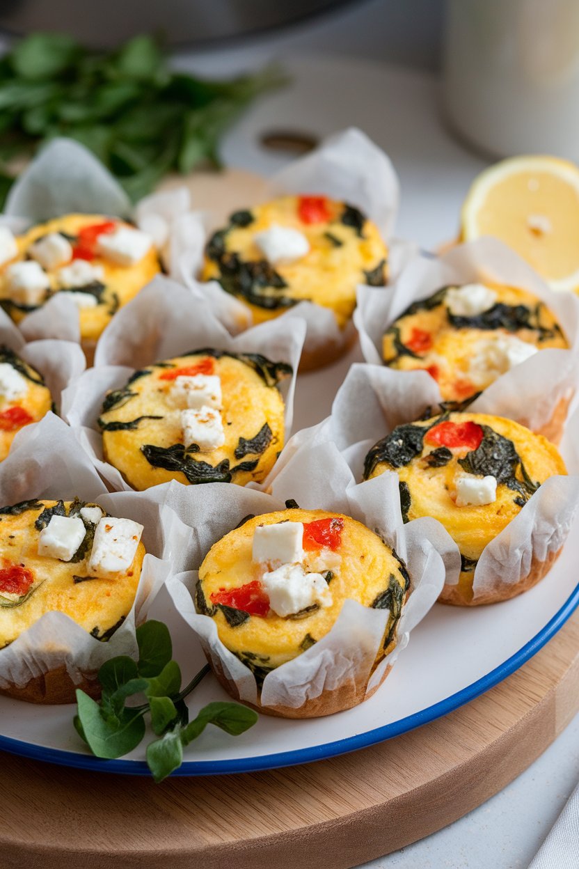 Indoor photo of a platter holding several individual egg muffins speckled with spinach, red bell pepper, and feta, each in a crinkled parchment cup. No text or logos in view.