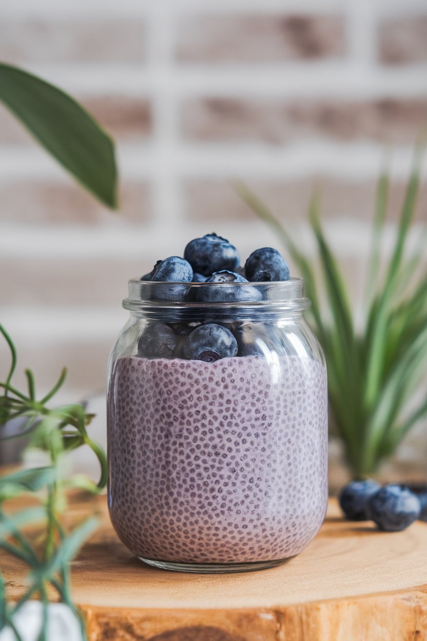 A clear indoor jar showing thick purple chia pudding topped with a couple of whole blueberries; no text or logos.
