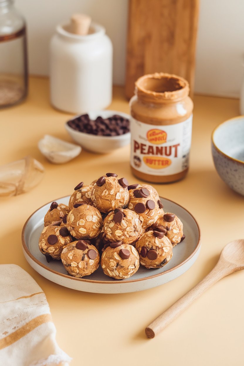 Photo of an indoor kitchen counter with a plate of round oat, peanut butter, and chocolate chip energy bites, no text or logos