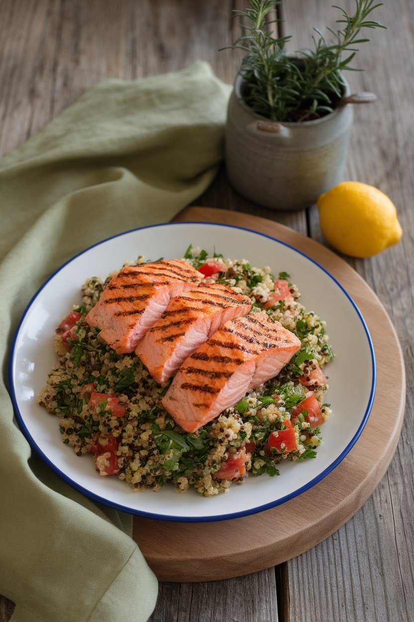Indoor scene of quinoa tabbouleh with parsley, tomato, and grilled salmon fillet slices. No text or logos.