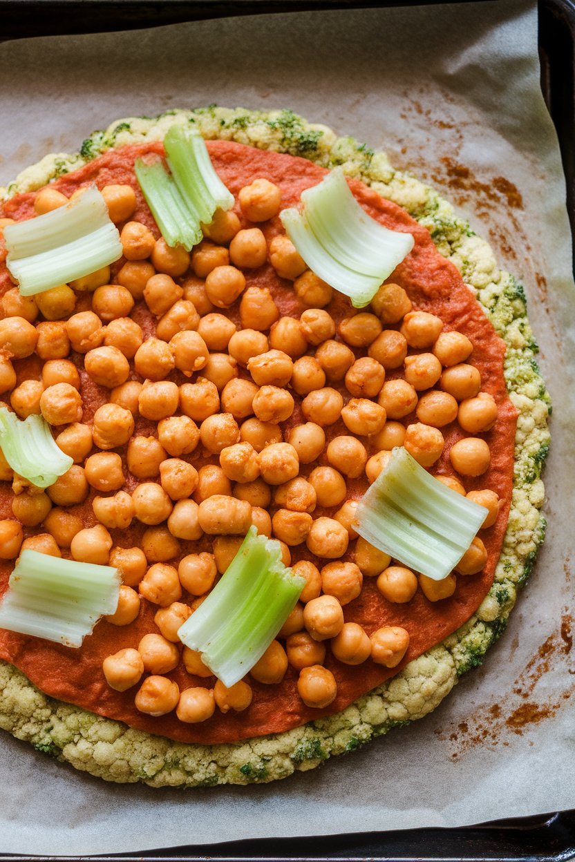 Indoor photo of green-flecked cauliflower-broccoli crust pizza topped with buffalo-sauced chickpeas and celery ribbons on a parchment sheet, no text or logos