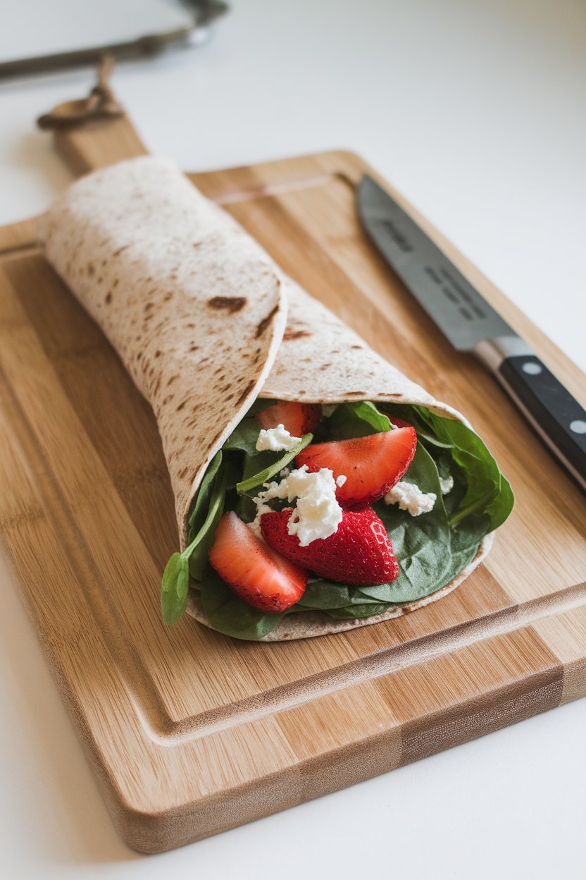 Photo prompt: Indoor kitchen counter with a whole-wheat wrap rolled full of spinach, sliced strawberries, goat cheese, and balsamic reduction, cut on the bias. No text or logos.
