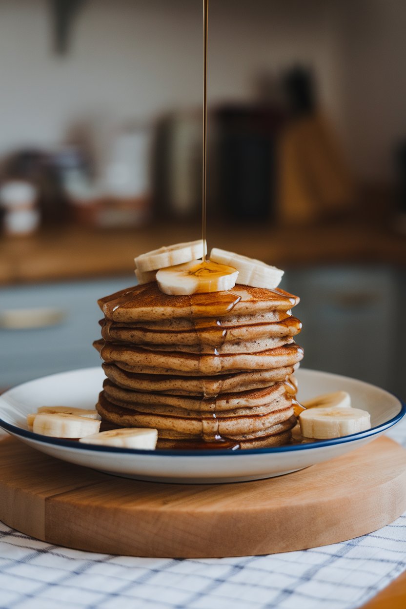 Photo of a stack of buckwheat pancakes topped with banana slices and a drizzle of pure maple syrup on an indoor kitchen table. No logos or text shown.