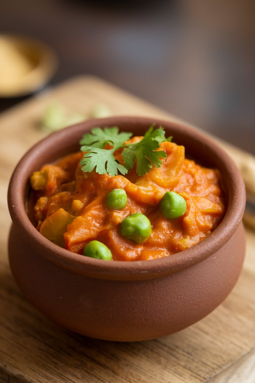 An indoor ceramic bowl of lotus stem and green pea curry in a mild tomato gravy, garnished with coriander. No text or logos. Photo, not illustration.