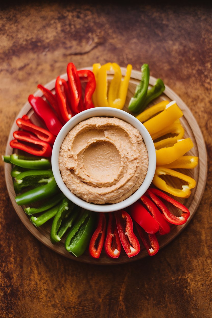 Indoor photo of red, yellow, and green bell pepper sticks surrounding a bowl of classic hummus on a wooden board. No text or logos; photograph.
