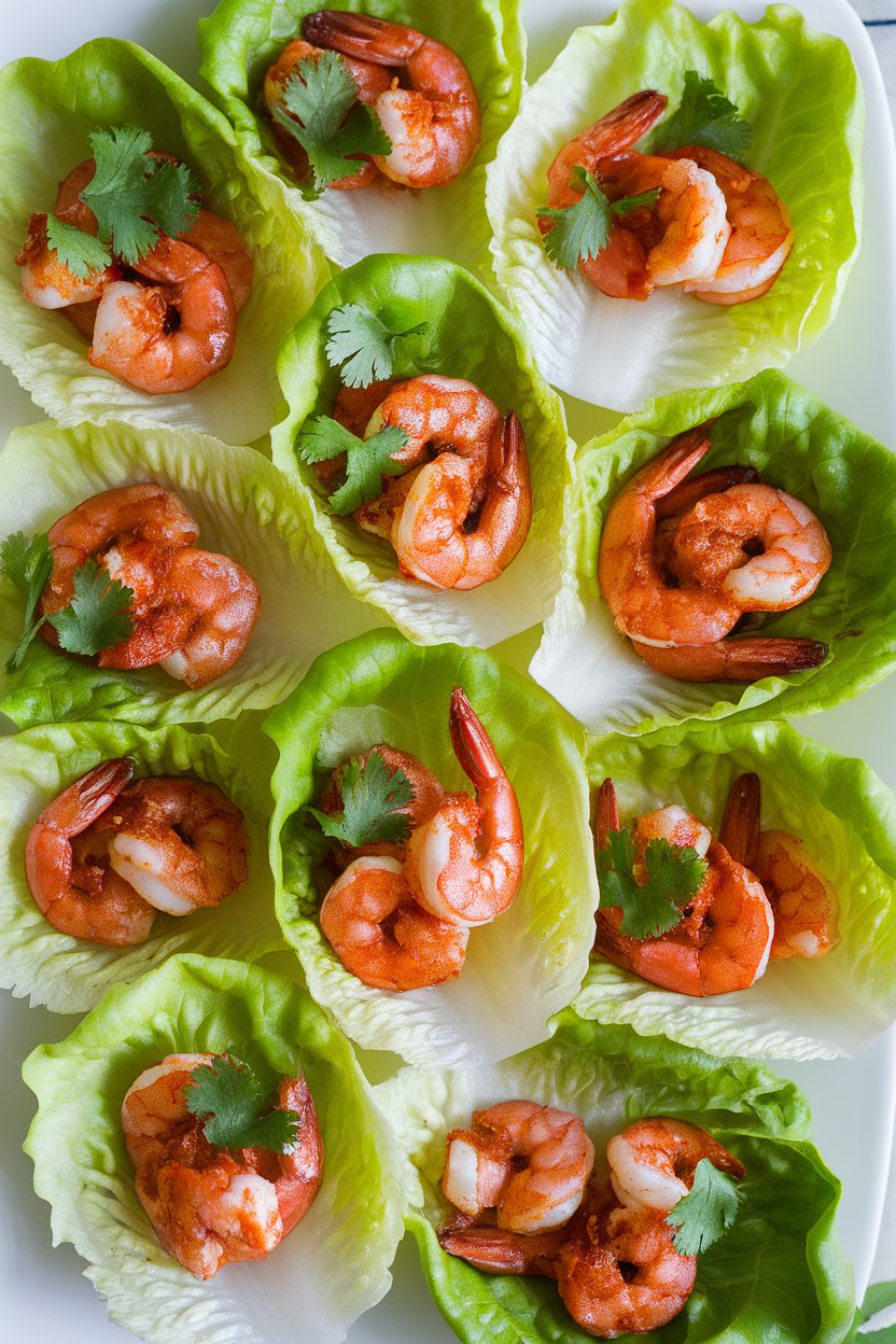 Indoor table view of crisp butter-lettuce leaves filled with cooked shrimp coated in a red chili-lime glaze, garnished with cilantro—overhead angle, no text or logos.