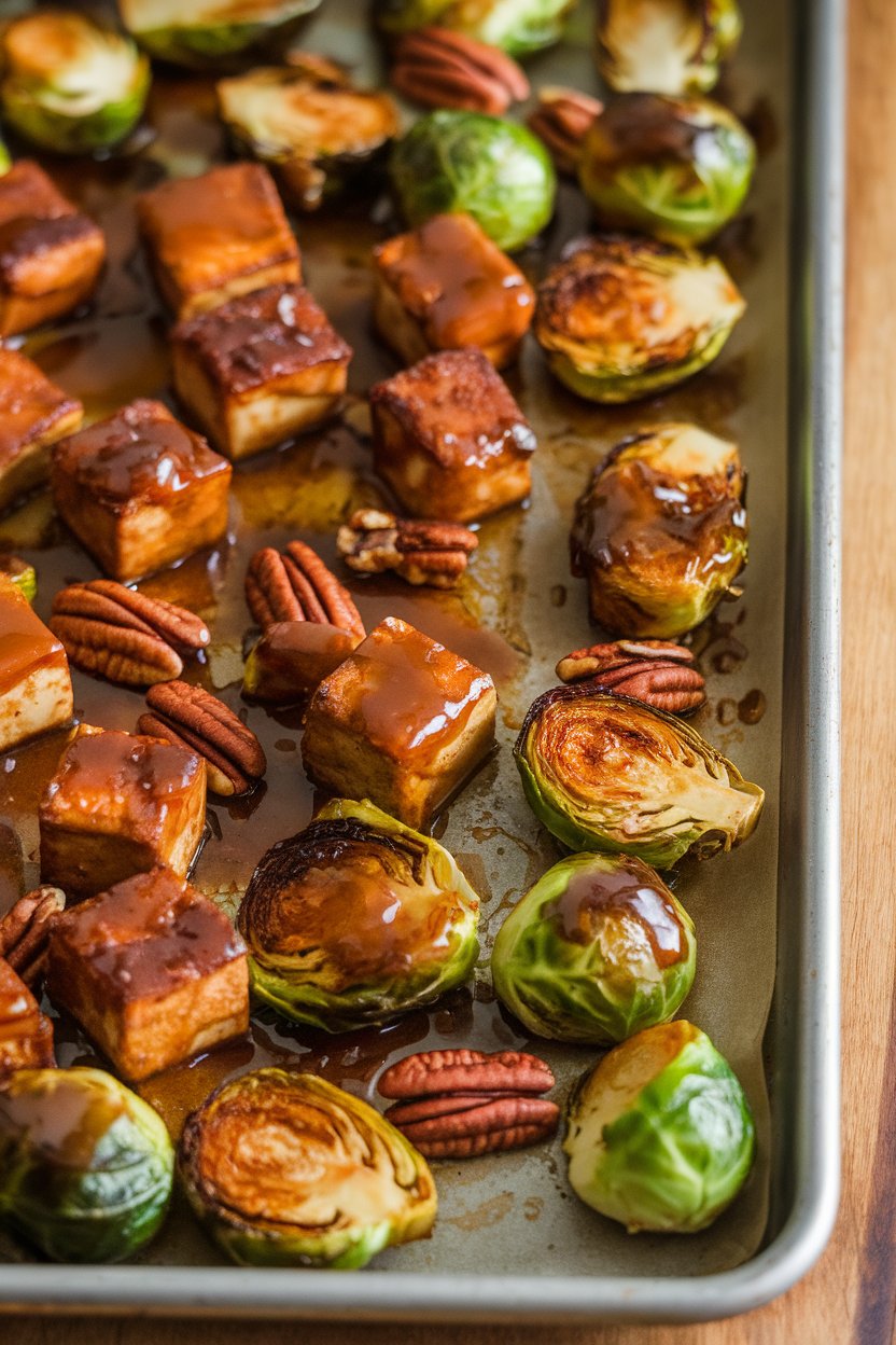 Photo, indoors, sheet pan of roasted Brussels sprouts and tempeh cubes coated in glossy maple glaze. No text or logos.