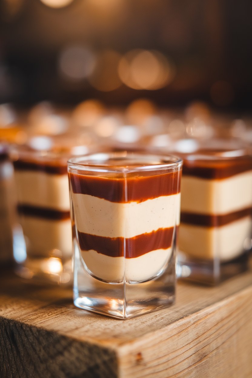 Photo of layered brown-beige gelatin cubes in shot glasses, indoor bar; no logos.