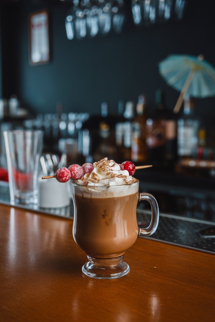 Indoor pub-style wooden bar holding a clear footed mug of Irish coffee topped with cinnamon-spiked whipped cream and a skewer of sugared cranberries. No brand labels. Photo only.