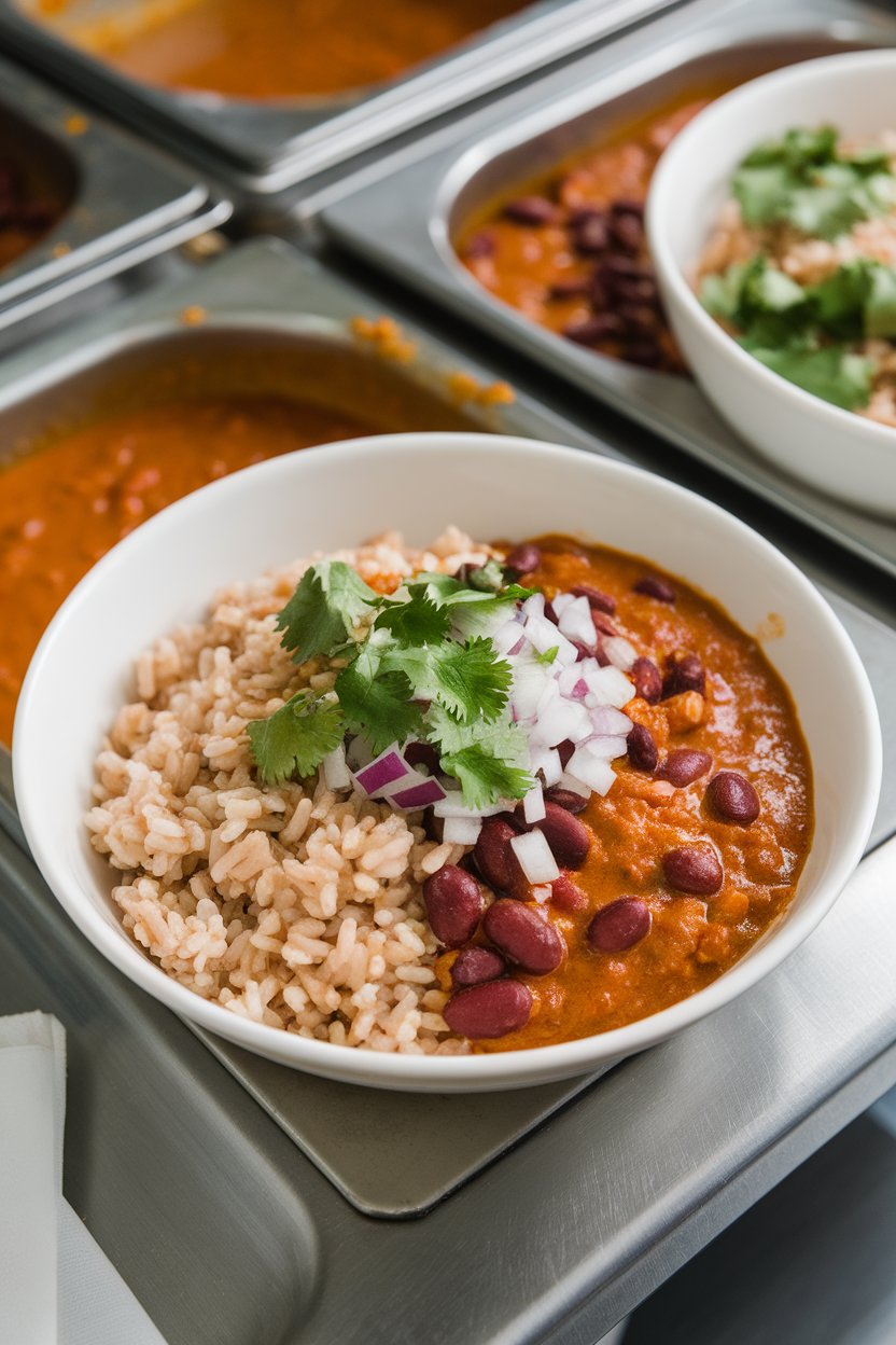 An indoor cafeteria-style bowl layered with brown rice, red kidney bean curry, and a sprinkle of chopped onions and cilantro. No text or logos. Photo, not illustration.