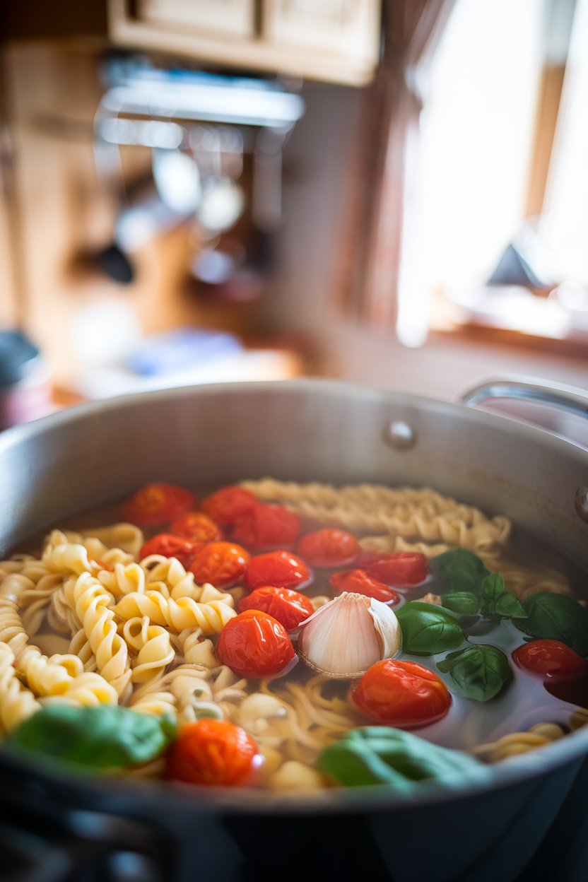 An indoor stockpot containing linguine, cherry tomatoes, garlic, and basil cooking together in simmering broth. No text or logos; photo, not illustration.