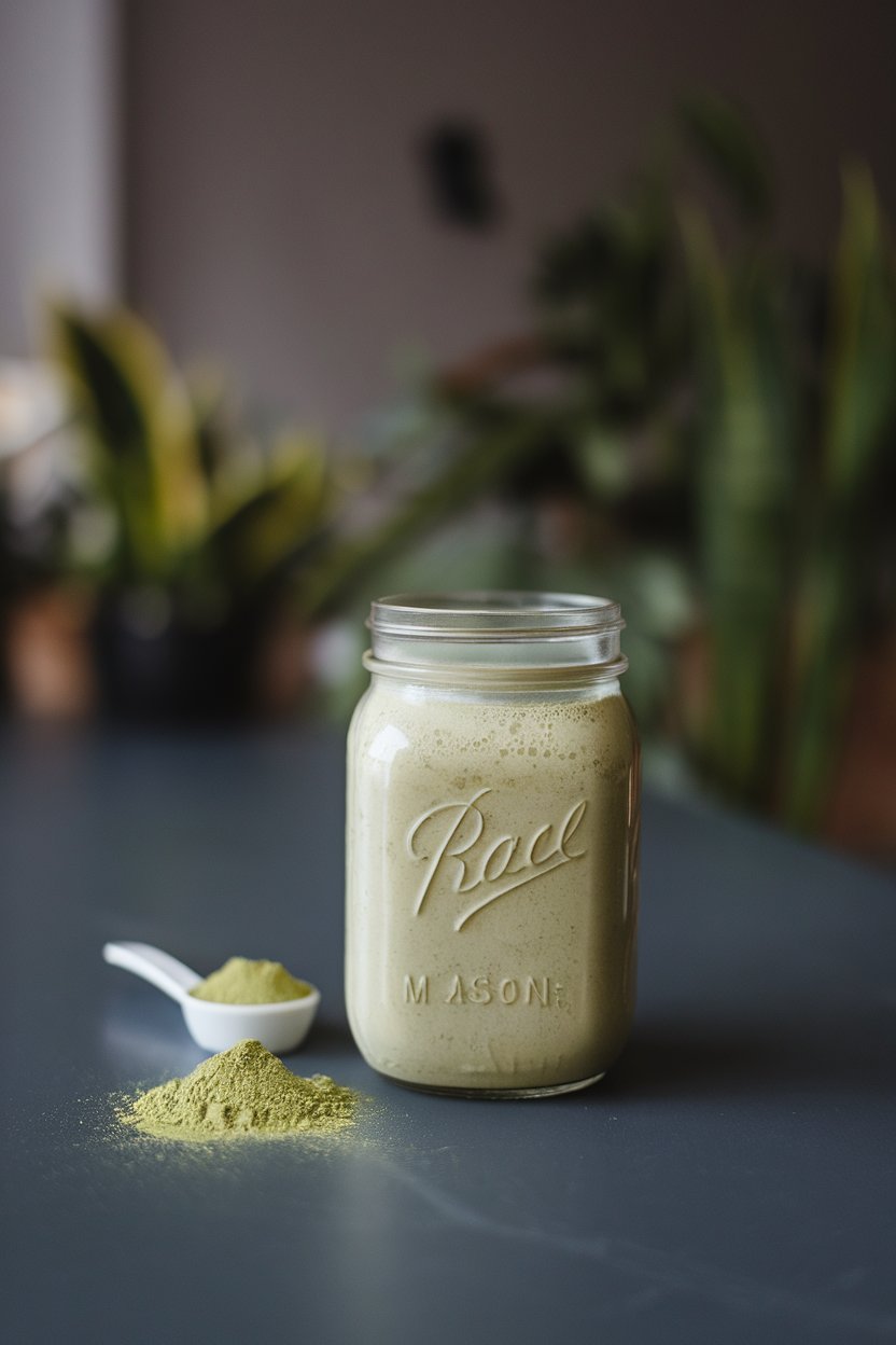 A photo of an indoor mason jar filled with thick pale-green smoothie, tiny spoon of matcha powder lying beside; no text or logos.
