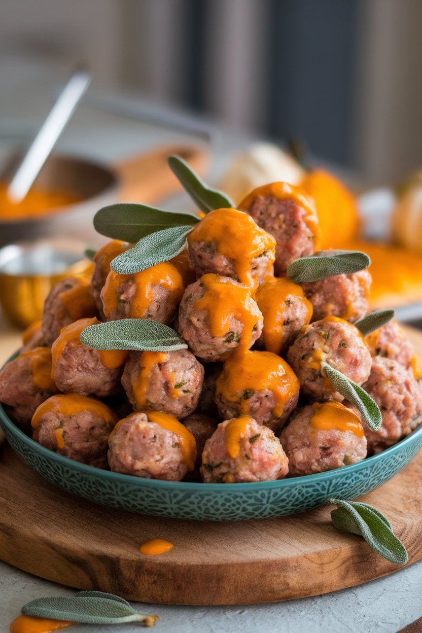 Indoor platter of small turkey meatballs glazed with pumpkin puree and sage leaves. No logos or text.