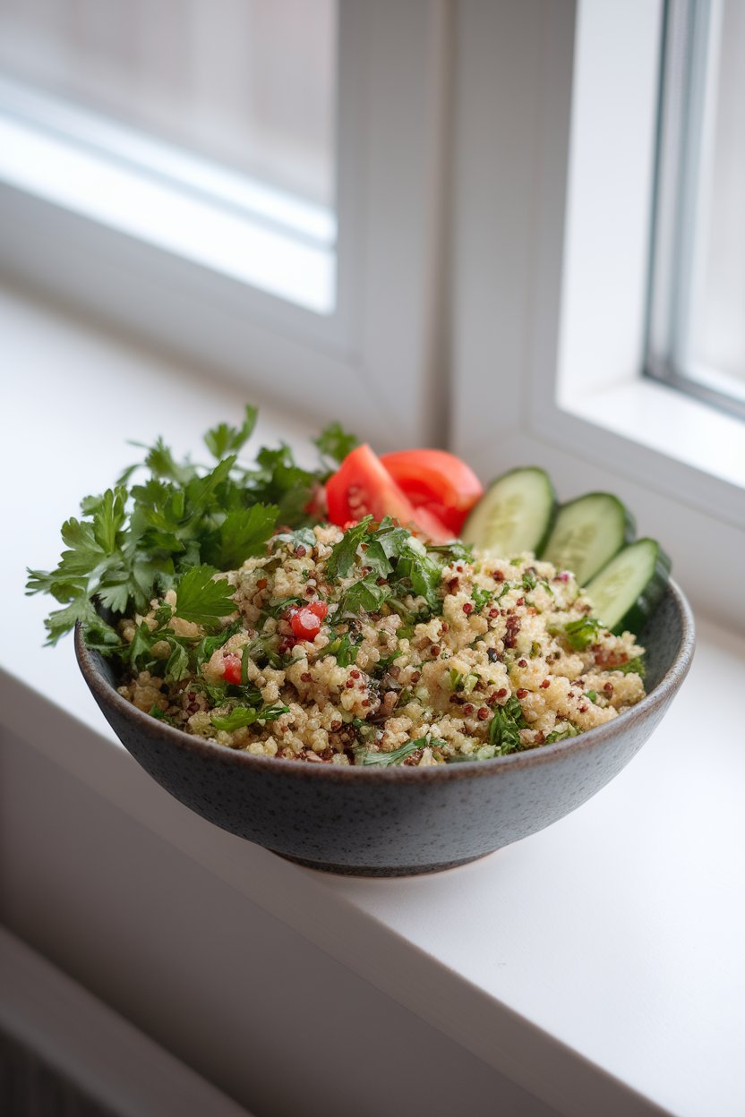 Photo of a bowl of quinoa tabouli with parsley, tomato, and cucumber, set indoors under natural window light. No logos or text present.
