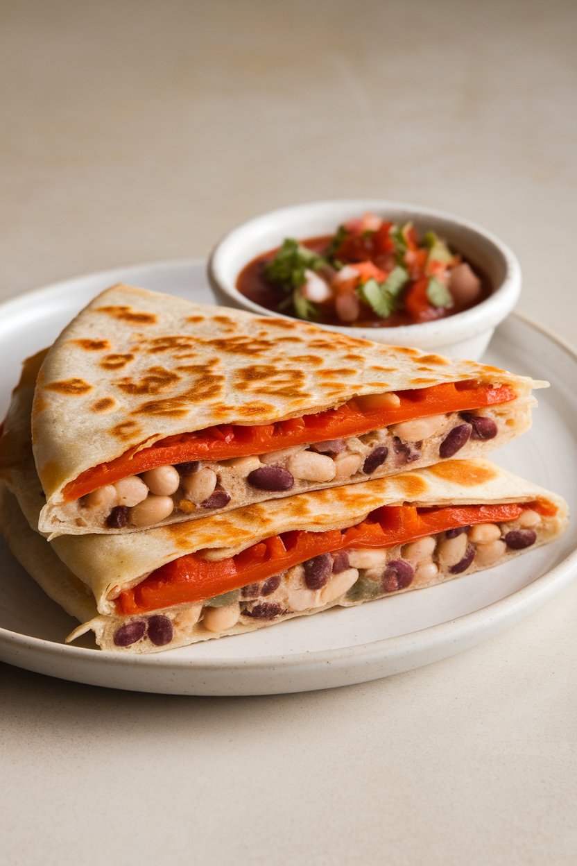 Indoor plate, roasted red pepper and white bean quesadilla cut in half, photo, no text or logos.