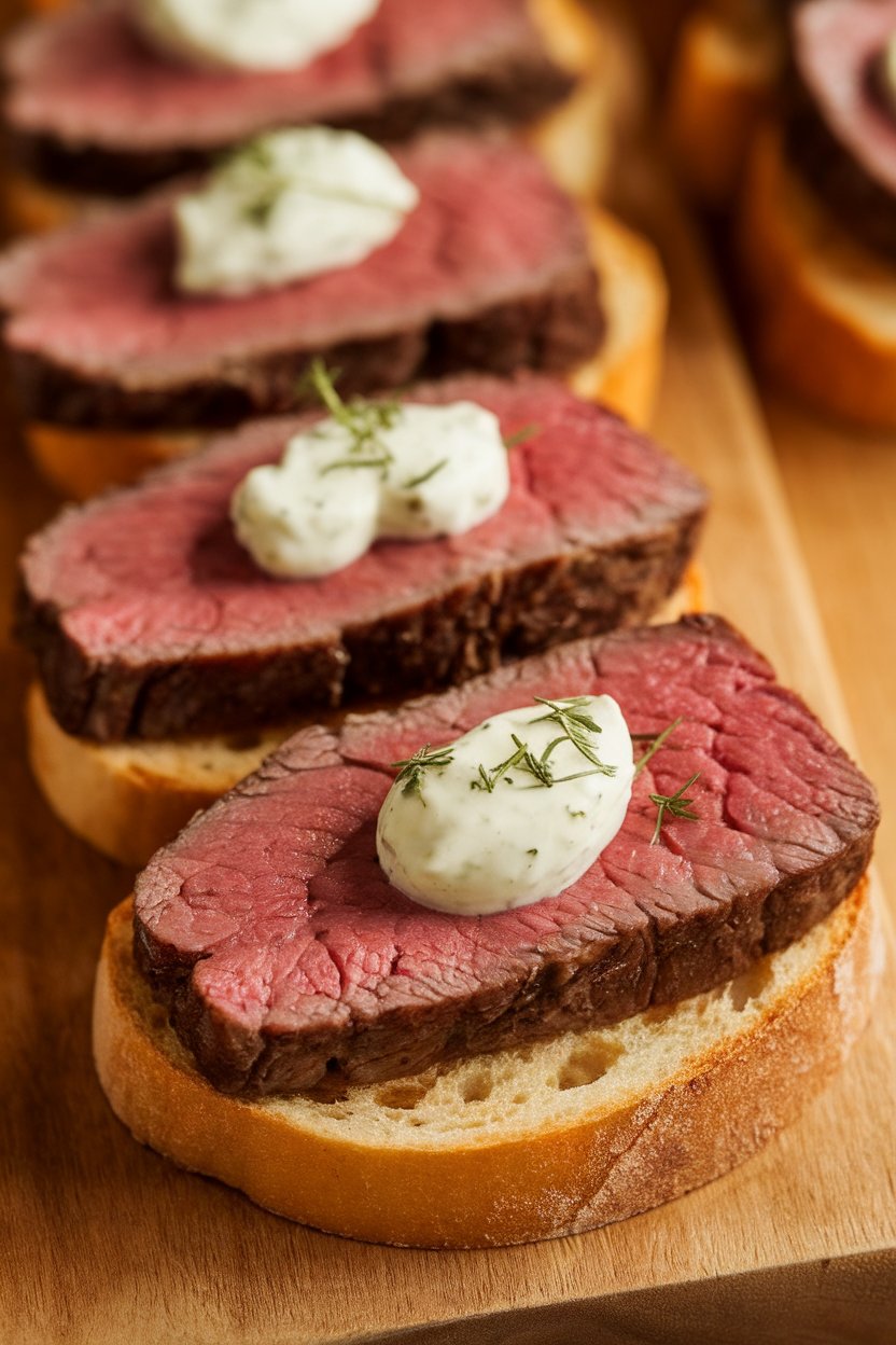 Slices of rare beef tenderloin atop crostini with a dollop of horseradish cream, photographed indoors. No text or logos. Photo.
