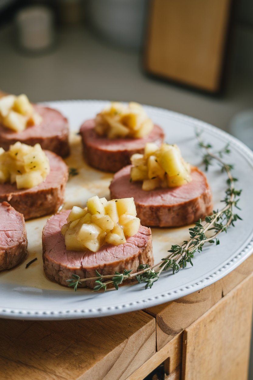 Indoor photo of medallions of pork tenderloin topped with chunky apple compote on a white platter, thyme sprigs nearby. No text or logos.