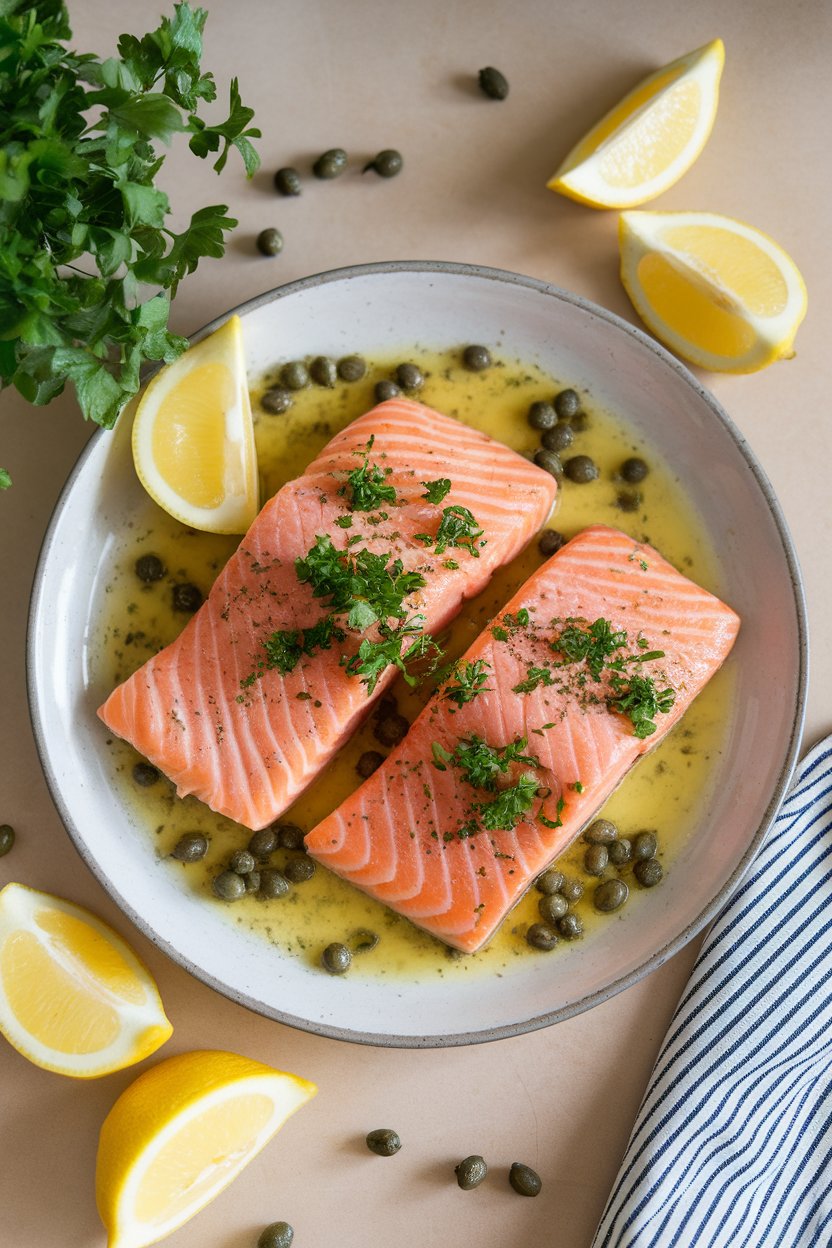 An indoor kitchen table holding a shallow plate of salmon piccata in a light lemon-caper sauce with parsley sprinkled on top. No text or logos anywhere.