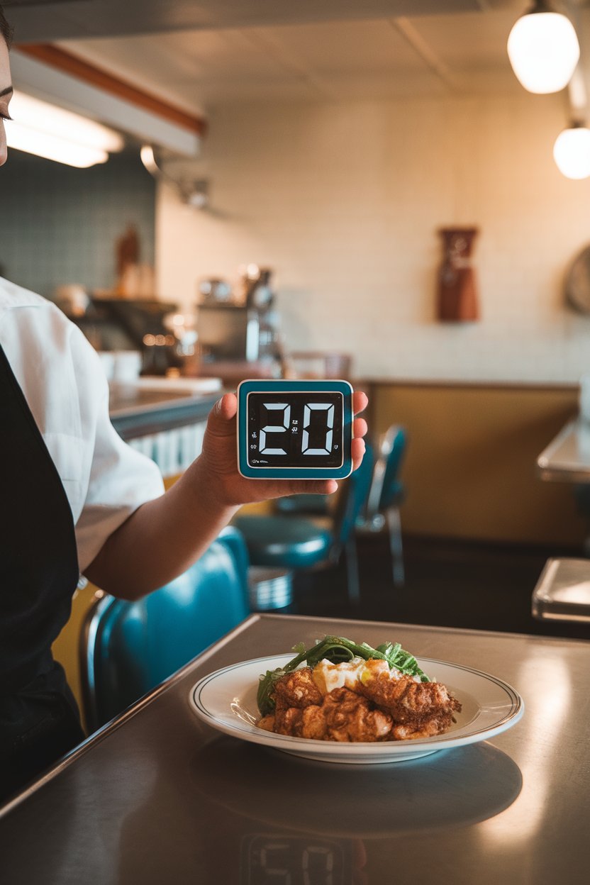 Indoor photo of a diner checking a small kitchen timer set to 20 minutes after finishing their first plate. Evening light, no text or logos.