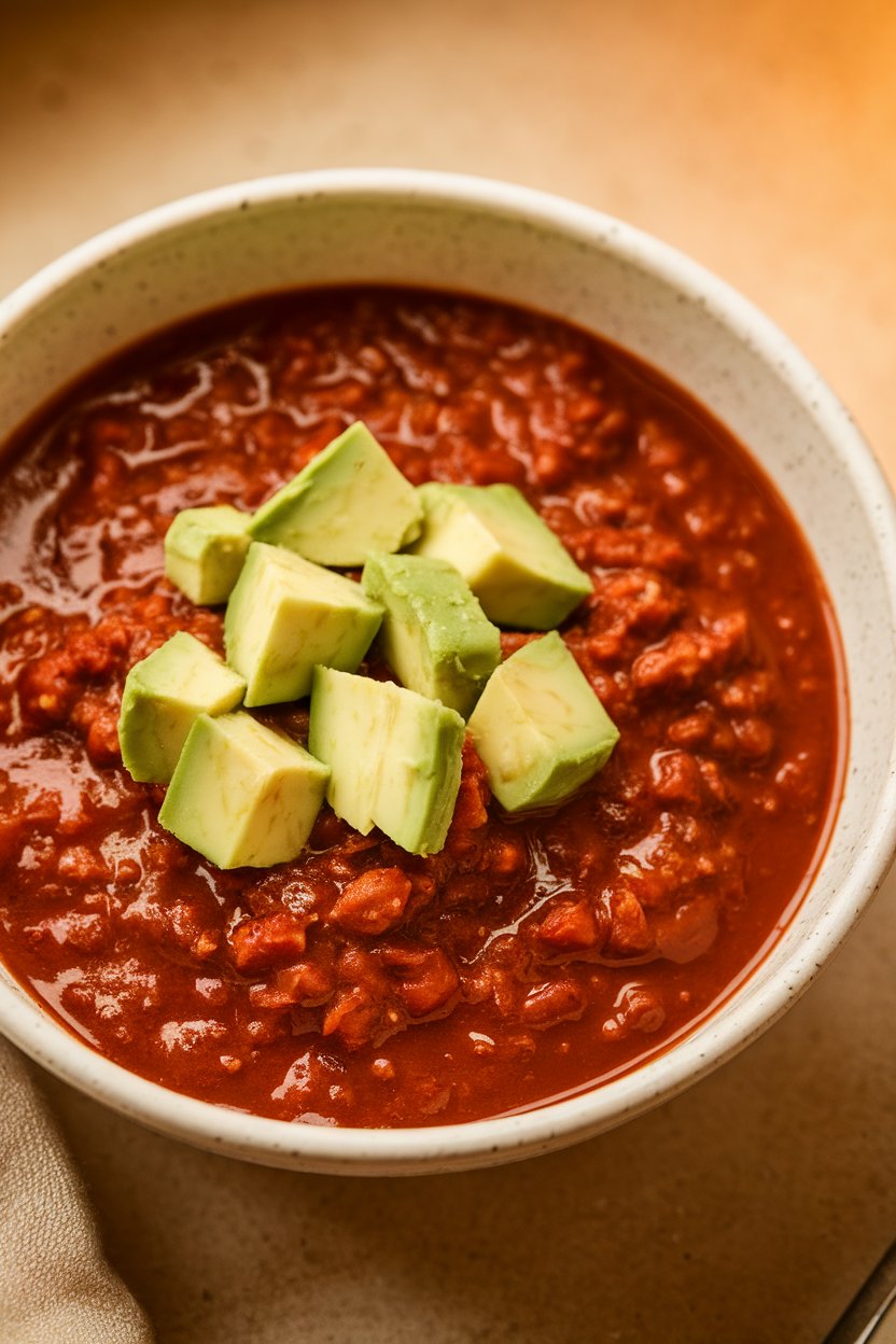 Indoor food photo of dark turkey chili with avocado cubes in a bowl; no text or logos.