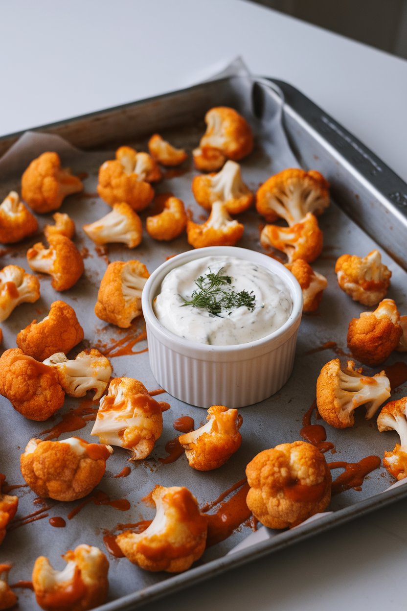 A baking sheet indoors with saucy baked buffalo cauliflower florets beside a ramekin of yogurt ranch dip. No text or logos.