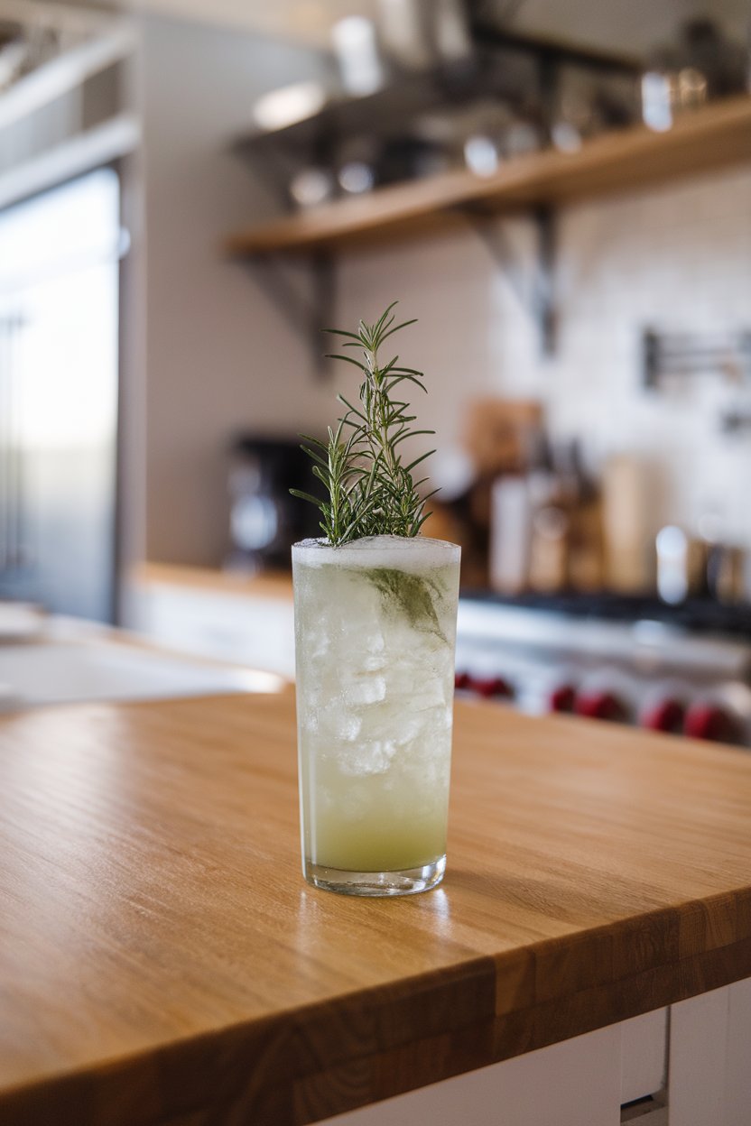 An indoor kitchen island with a highball glass of pale green Rosemary Gin Fizz topped with a bushy rosemary sprig. No text or logos.