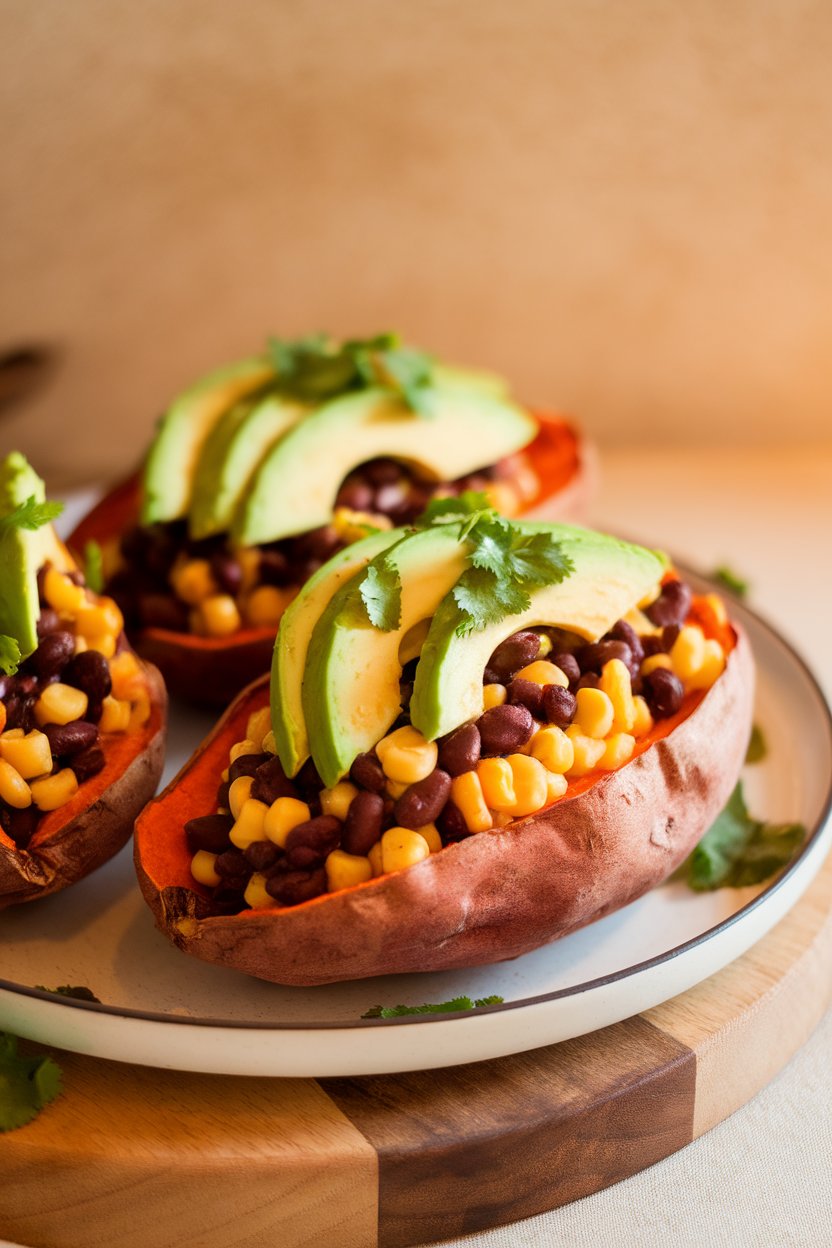 Photo of halved baked sweet potatoes filled with black bean and corn mixture, topped with avocado and cilantro indoors; no text or logos anywhere.