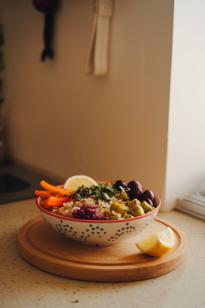 A warmly lit indoor countertop featuring a colorful Greek-style grain bowl with quinoa, roasted vegetables, olives, and a lemon wedge—captured from a three-quarter angle. No text or logos visible; photo, not illustration.