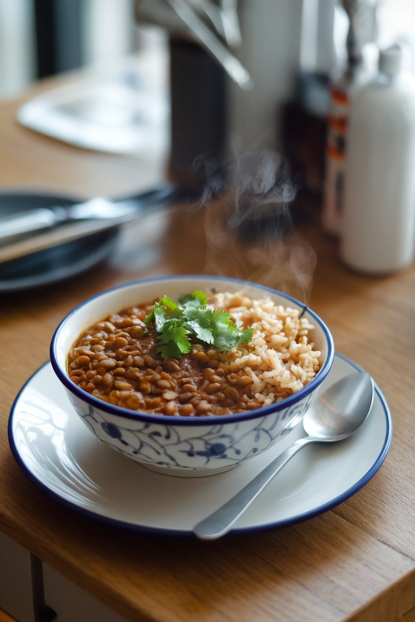 Indoor dining table featuring a bowl of lentil curry and brown rice, steam rising gently, no text or logos.