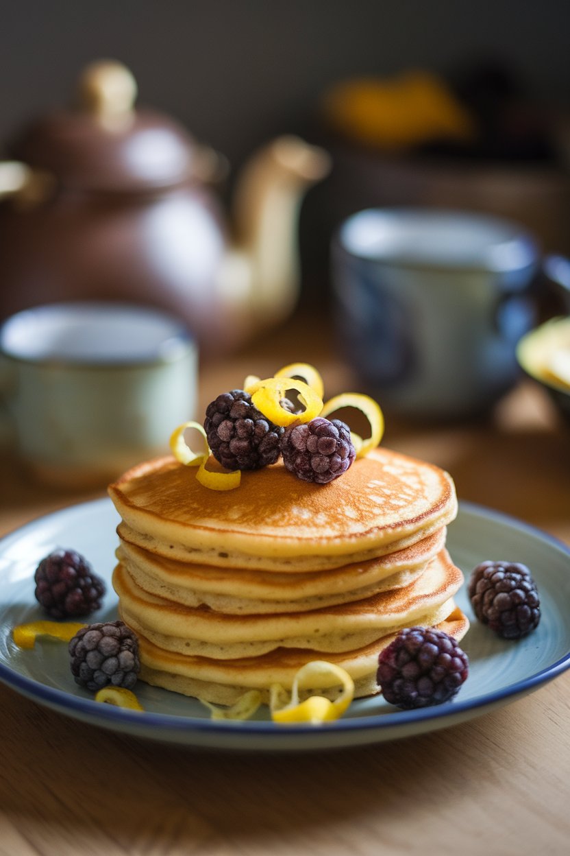 Indoor plate showing pancakes bursting with blackberries, lemon zest curls on top; no logos.