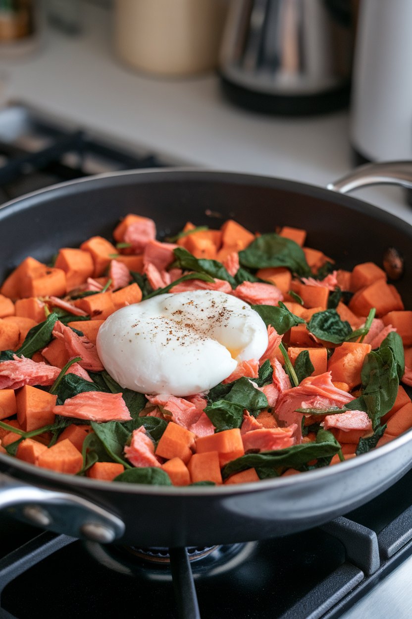 An indoor stovetop skillet of cubed sweet potatoes, flaked salmon, and baby spinach forming a colorful hash, topped with a poached egg. No text or logos present.