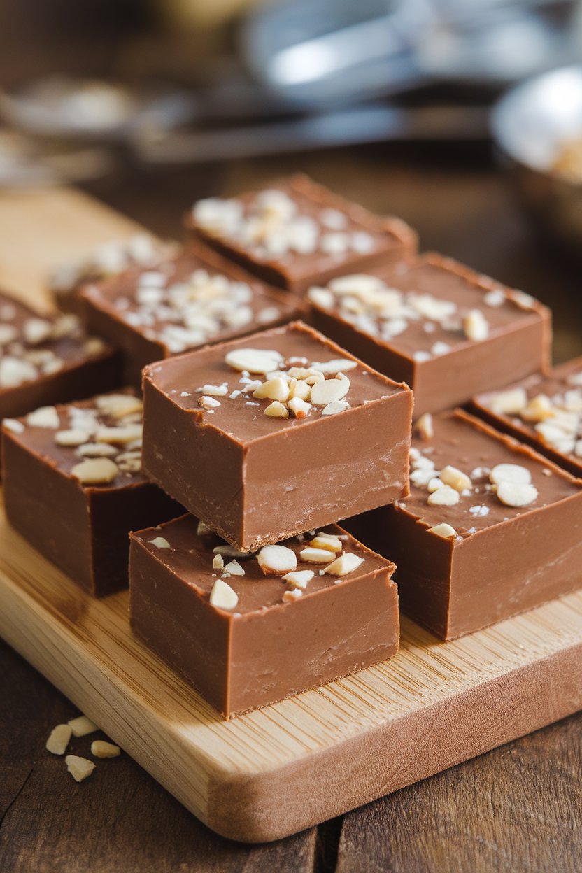 An indoor cutting board with thick squares of almond butter freezer fudge, photo only, no text or logos.