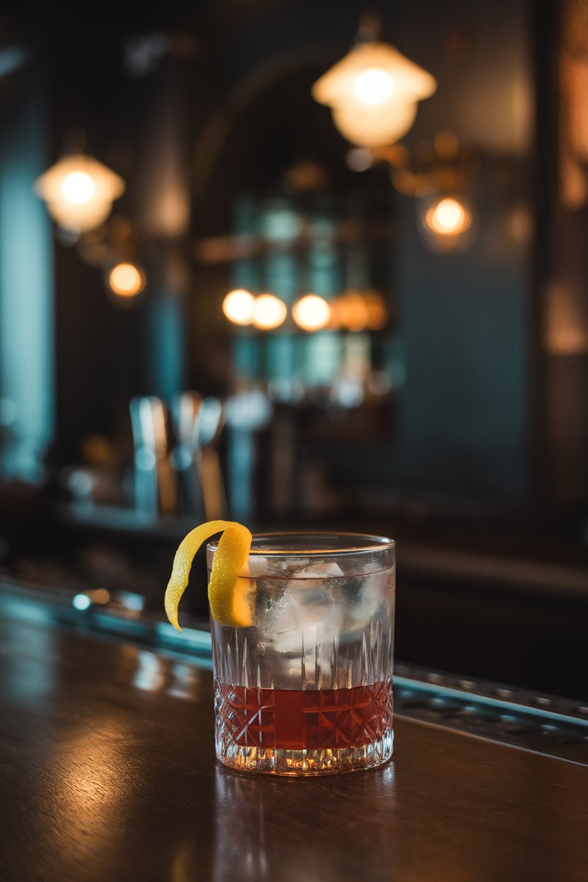 A moody indoor bar with a rocks glass Sazerac in an absinthe-rinsed glass, lemon peel dangling on the rim. No text or logos.