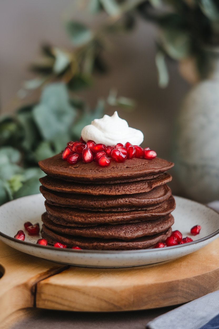 Indoor photo of dark cocoa pancakes crowned with bright pomegranate arils; no text or logos.