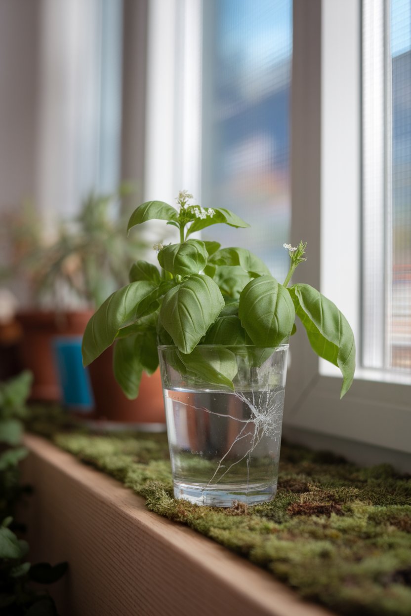 Photo of basil leaves in a small glass of water on an indoor windowsill, daylight filtering in, no text or logos