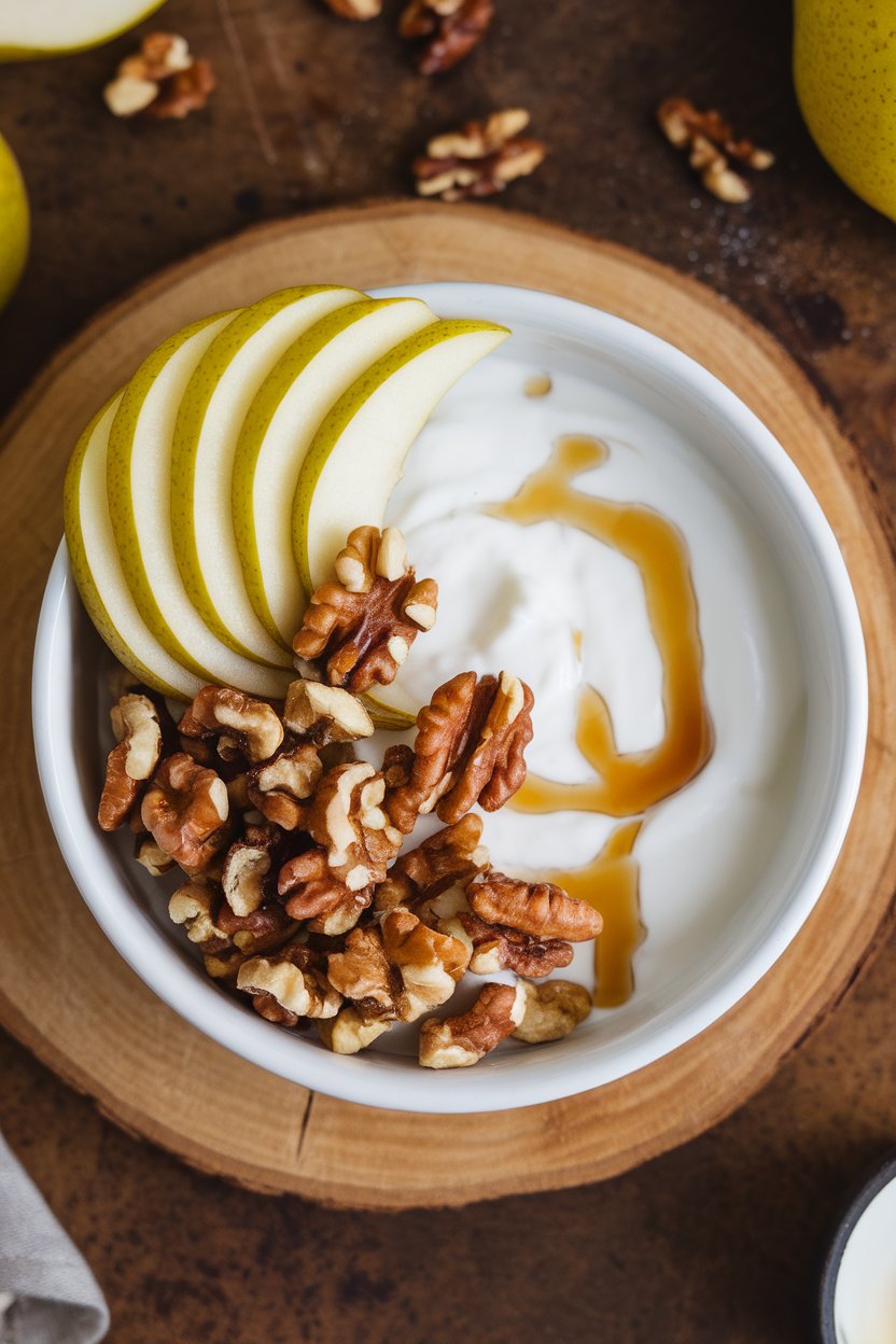 Indoor overhead photo of a white bowl filled with plain yogurt, sliced pear fan, toasted walnut pieces, and a drizzle of maple syrup. No text or logos.