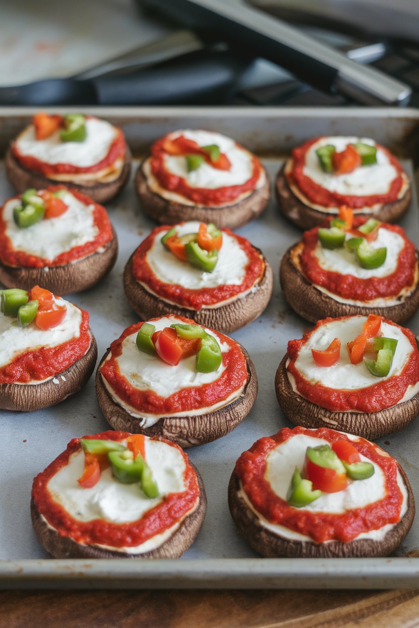 Indoor photo of stuffed portobello mushroom caps acting as mini pizzas, topped with marinara, mozzarella, and diced peppers on a baking tray, no text or logos