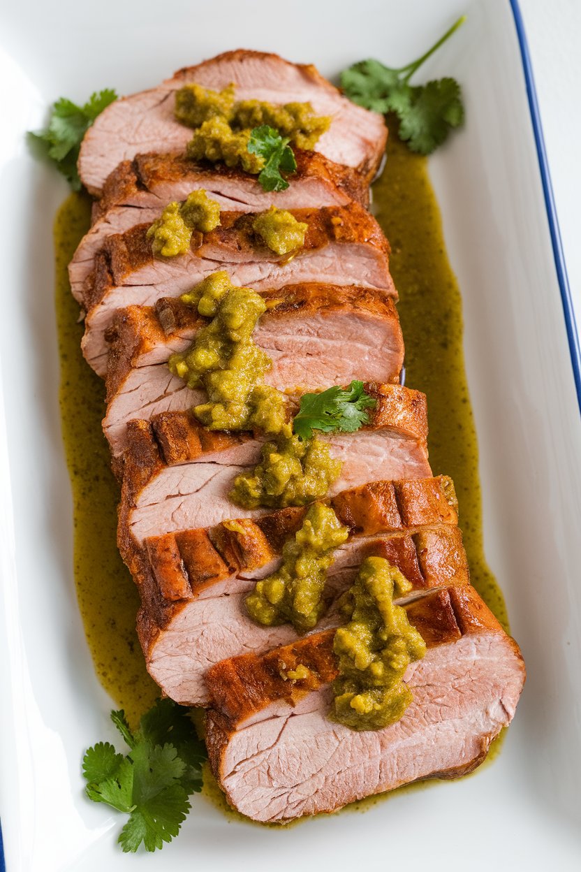 Indoor photo of sliced pork tenderloin drizzled with green tomatillo sauce on a white platter, cilantro garnish, no text or logos