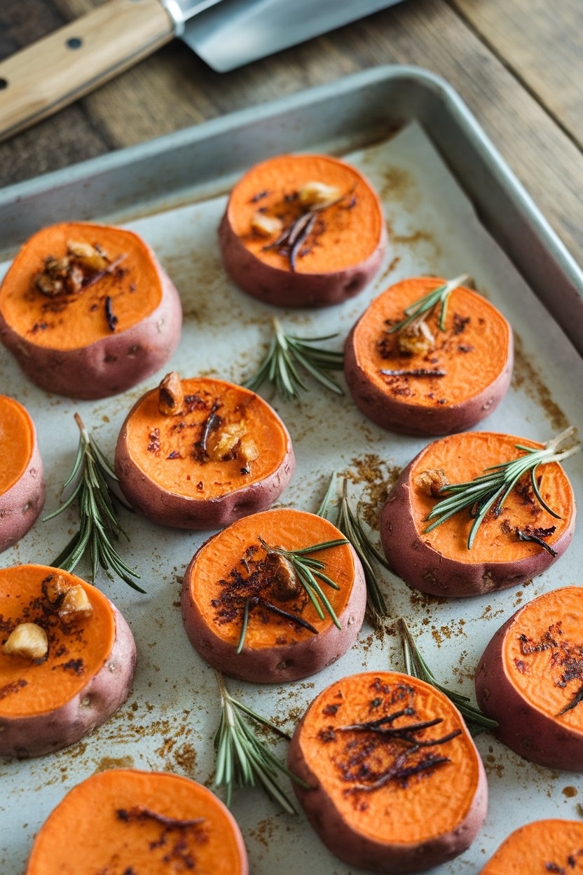 Indoor sheet pan lined with rounds of sweet potatoes dusted in minced rosemary and roasted garlic bits. No text or logos.