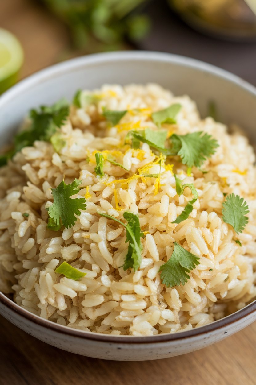 Indoor food photo of fluffy brown rice flecked with cilantro and lime zest in a bowl; no text or logos.
