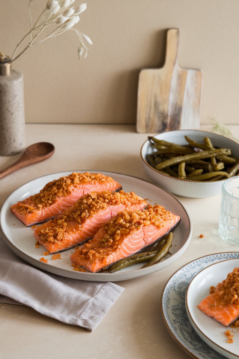 An indoor kitchen table featuring a serving platter with salmon fillets coated in golden crushed almonds, accompanied by roasted green beans. No visible text or brand names.