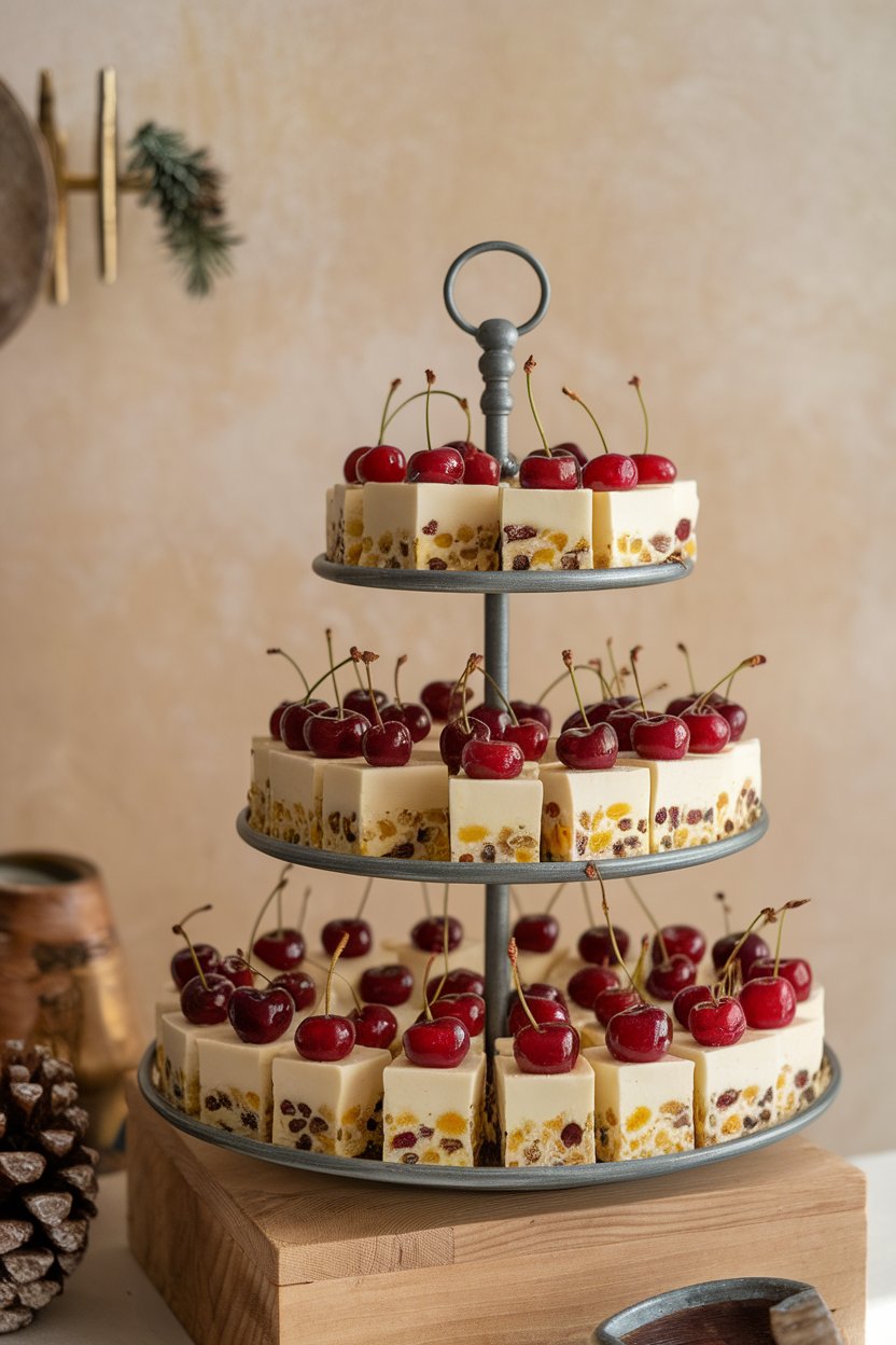 A tiered indoor stand with bite-size fruitcake squares topped with glazed cherries, no text or logos. Photo.