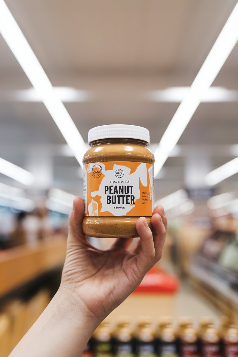 Photo of a hand holding a jar of peanut butter, the back label in focus, shot indoors under bright store lighting, no logos.