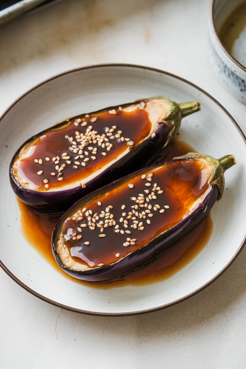 Photo of an indoor plate with halved eggplant glazed in a shiny miso sauce, sesame seeds sprinkled on top, no text or logos