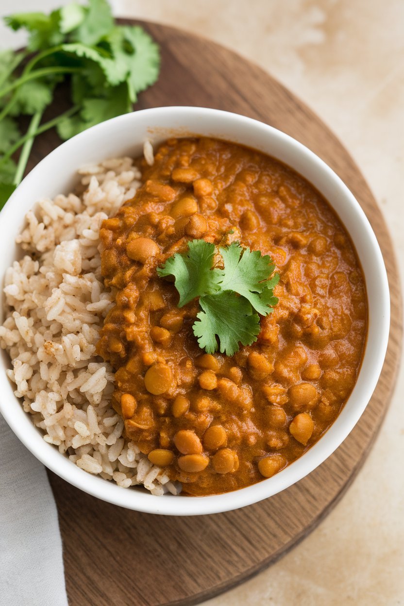 An indoor bowl of thick red lentil curry garnished with cilantro, served beside brown rice. No logos or text. Photo.