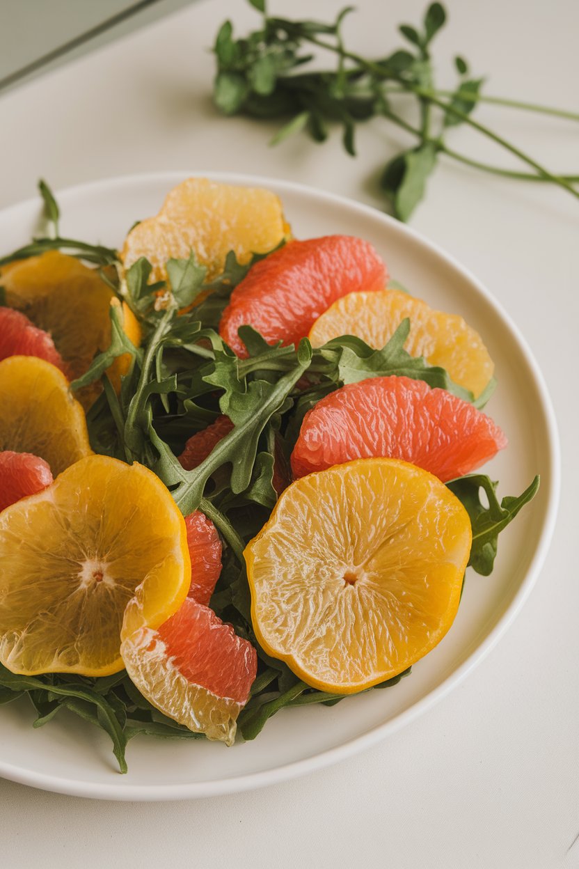 Indoor dish showcasing thinly sliced golden beets, grapefruit segments, and arugula, light vinaigrette glistening. No text or logos.