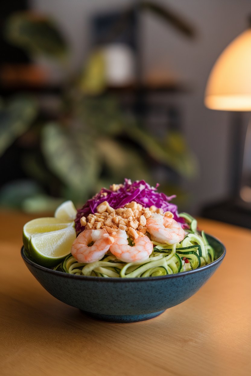Indoor tabletop showing a bowl of zucchini noodles topped with cooked shrimp, shredded red cabbage, crushed peanuts, and lime wedges. No text or logos.